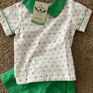 The Oaks Apparel Unisex Green and White Embroidered Short Set, 18M With Tags